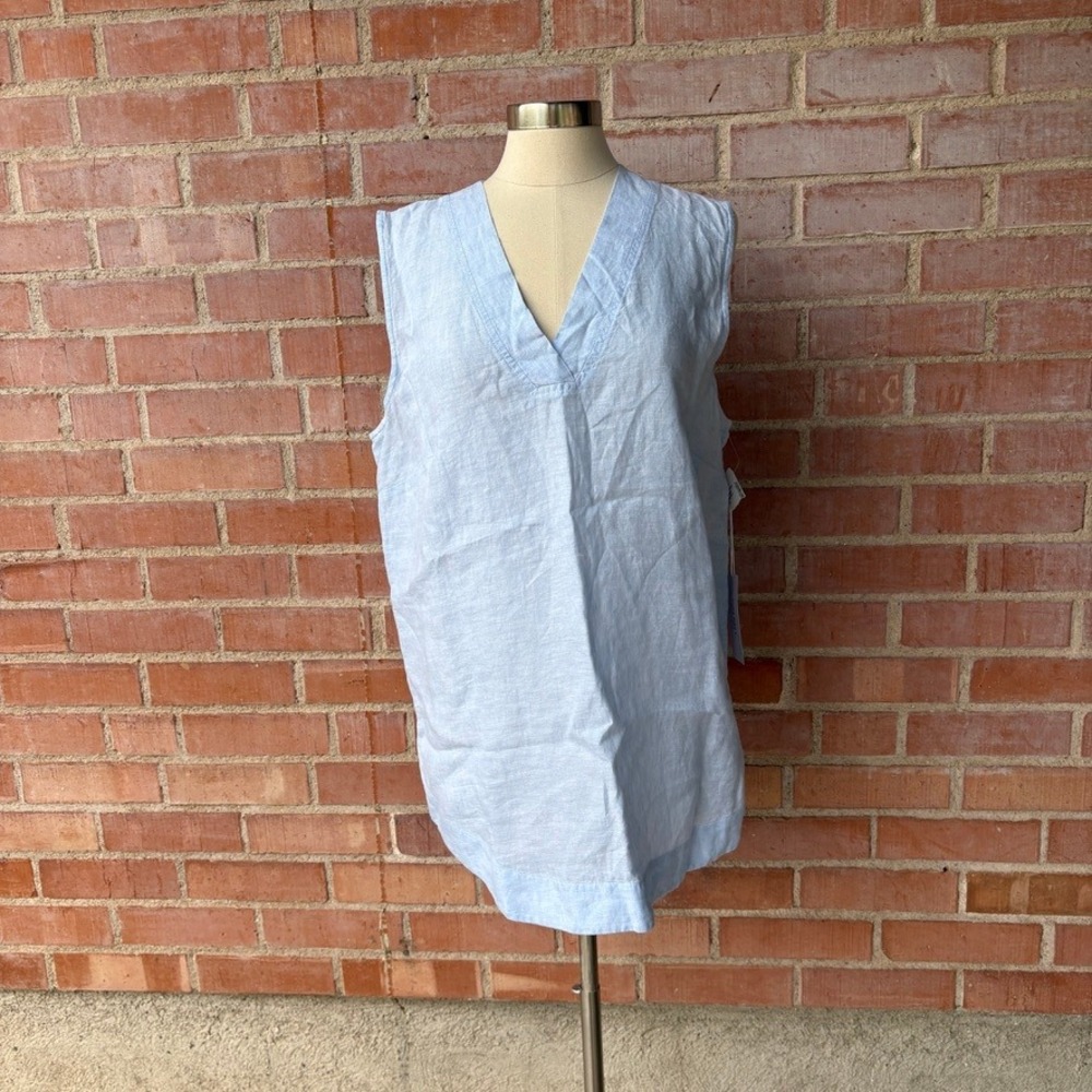 NWT Pure Navy Sleeveless V Neck 100% Linen Top Women's XL Light‎ Blue